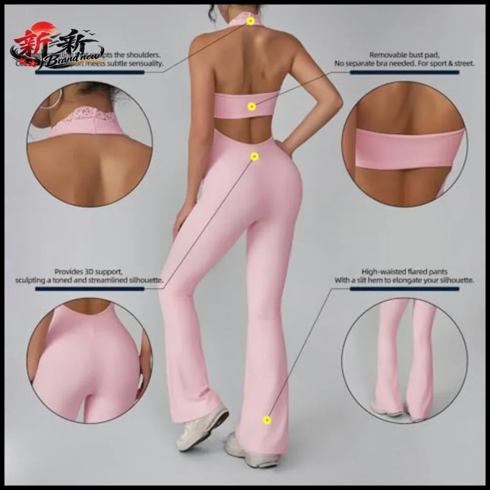 Nylon Spandex Workout Jumpsuit with Halter Neck and Backless Design